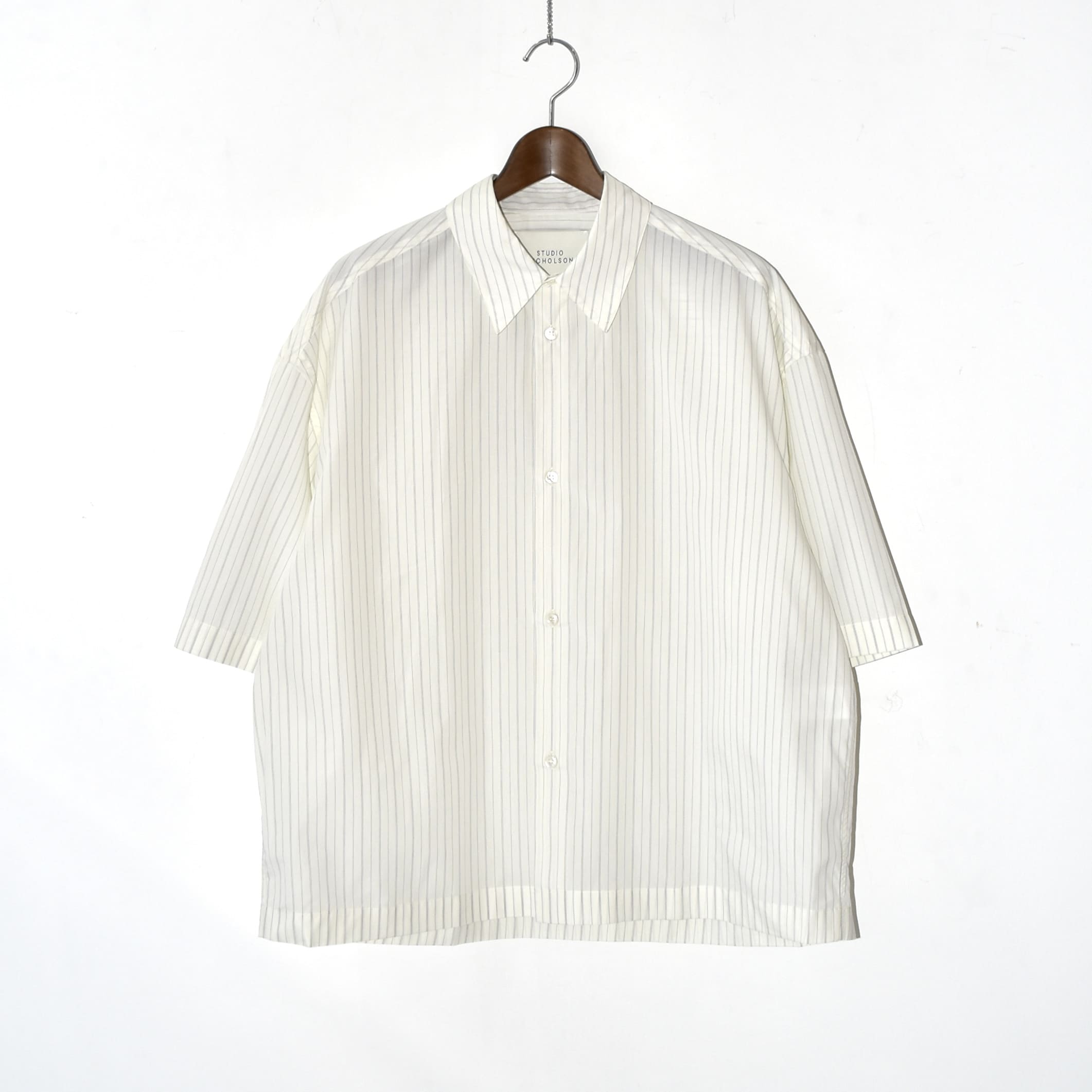 STUDIO NICHOLSON SHORT SLEEVE BOXY SHIRTS PARCHMENT STRIPE[SANKO SNM-1267]