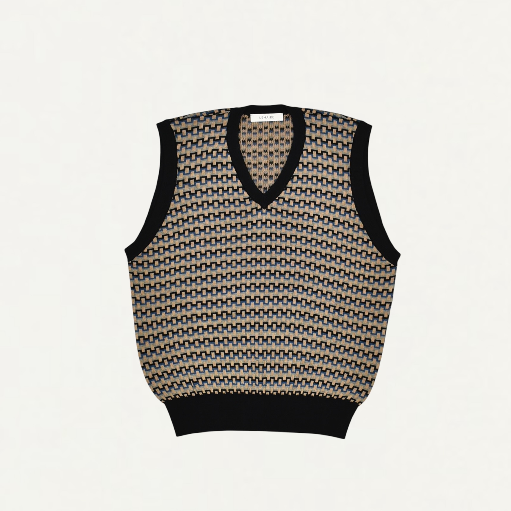 LEMAIRE V NECK JACQUARD VEST IN MERCERISED COTTON Black / Beige / Blue[PO0024 LK1053]