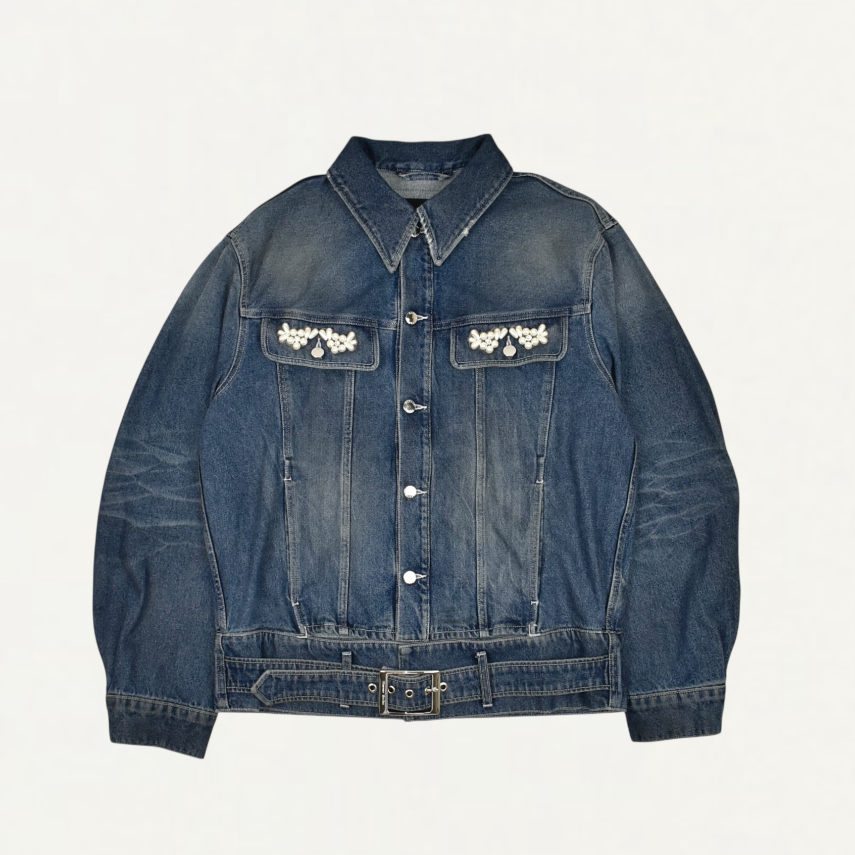 Simone Rocha MULT BELT WAIST TAL DENIM TRUCKER JACKET W/ EMB DISTRESSED BLUE/PEARL[6129B 1231D]