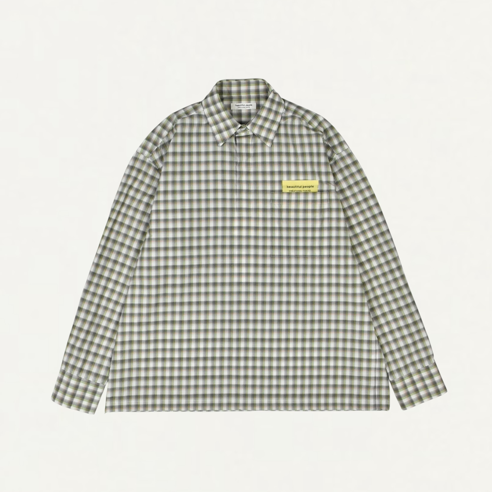beautiful people C/N check big QOL tag shirt ecru[1636110016]